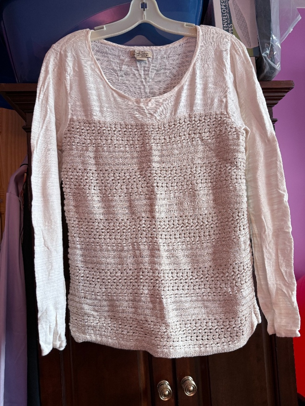 Lucky Brand Women’s Large Ivory Beige Crochet Knit Long Sleeve Boho Top